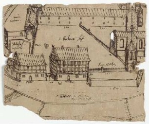 Kaufungen, ehem. Kloster (Stift), Stiftskirche und südöstlicher Vorhof von Osten (recto und verso)