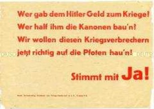 Handzettel mit einer Losung zum Volksentscheid über die Enteignung der Nazi- und Kriegsverbrecher