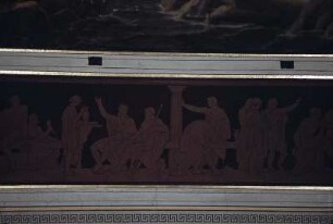 Athena als Menthes ermahnt Telemach, nach dem Vater zu suchen, daneben die schmausenden Freier