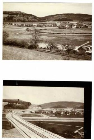 Landschaft vor dem Autobahnbau bei Geisingen und Photomontage der BAB, der Donaubrücke und der AS Geisingen