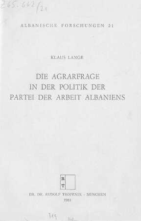 Die Agrarfrage in der Politik der Partei der Arbeit Albaniens