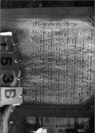 Grabstein 153 Material: Stein Zustand: hebräische Inschrift teilweise nicht mehr lesbar Maße HxBxT: 147x53x27 cm Beschreibung: Reihengrab, hebräische Inschrift auf der Vorderseite Symbolik: -- Besonderheit: --: Grabstein 153 B