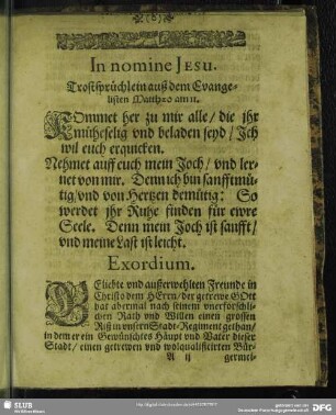 Leichenpredigt : Exordium. Bericht