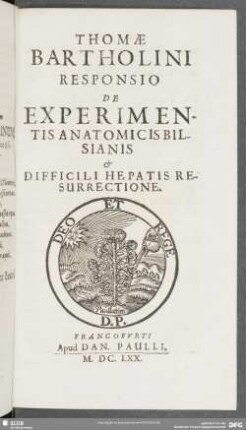 Thomae Bartholini Responsio De Experimentis Anatomicis Bilsianis