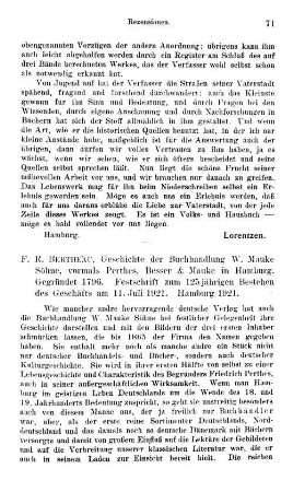 Bertheau, Franz Rudolf :: Geschichte der Buchhandlung W. Mauke Söhne, vormals Perthes, Besser & Mauke in Hamburg, gegründet 1796, Festschrift zum 125jährigen Bestehen des Geschäfts am 11. Juli 1921 : Hamburg, 1921