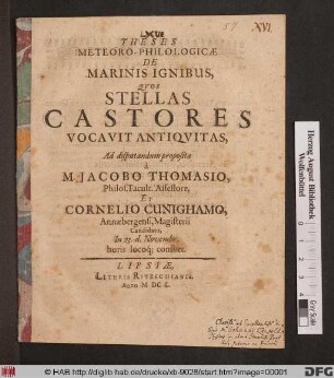 Theses Meteoro-Philologicae De Marinis Ignibus, Quos Stellas Castores Vocavit Antiquitas