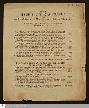 In der Canstein'schen Bibel-Anstalt sind von ihrer Stiftung an im May 1712, bis zu Ende des Jahres 1815 zur wohlfeilsten Verbreitung der heiligen Schrift gedruckt worden ... : [Druckverzeichnis der Cansteinschen Bibelanstalt]