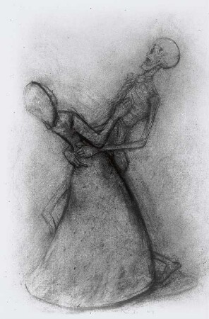 Tod mit einer Frau tanzend : Richter, Hans Theo (1902-1989): "Tod mit einer Frau tanzend". Kohlezeichnung, 1944, Maß zirka 48,0 cm x 31,0 cm. Dresden: Kupferstich-Kabinett