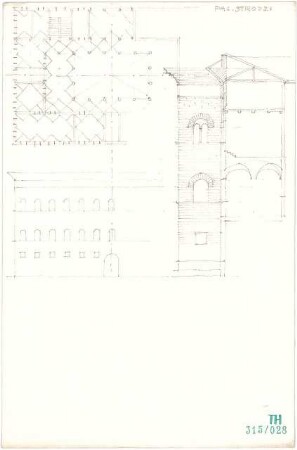 Fischer, Theodor; Italien; Bauaufnahmen - Palazzo Strozzi in Florenz (Grundriss, Teilansichten, Schnitt)