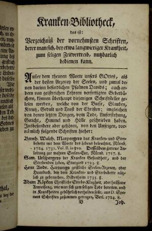 Kranken-Bibliotheck, das ist: Verzeichniß der vornehmsten Schriften,[...]