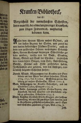 Kranken-Bibliotheck, das ist: Verzeichniß der vornehmsten Schriften,[...]