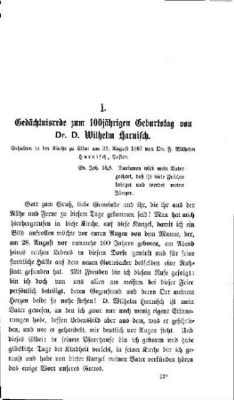 Gedächtnisrede zum 100 jährigen Geburtstag von Dr. D. Wilhelm Harnisch