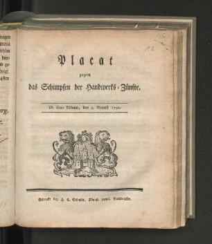 Placat gegen das Schimpfen der Handwerks-Zünfte : De Dato Altona, den 9. August 1792
