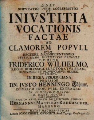 Dispvtatio Ivris Ecclesiastici De Inivstitia Vocationis Factae Ad Clamorem Popvli
