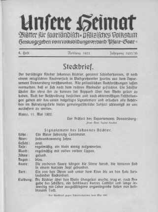 Steckbrief. Johannes Bückler (genannt Schinderhannes).