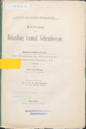 Beitrag zur Behandlung traumat. Gehirnabscesse