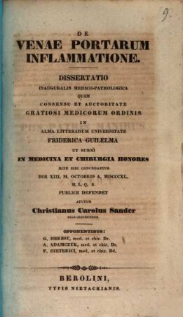 De venae portarum inflammatione : diss. inaug. med. path.