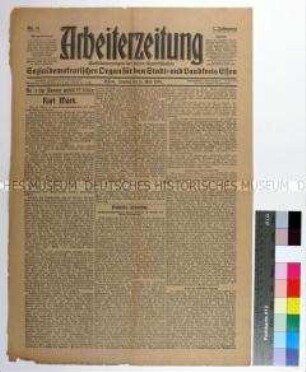 Titelblatt der Essener Zeitung "Arbeiterzeitung" mit Leitartikel zum 25. Todestag des Gesellschaftstheoretikers Karl Marx