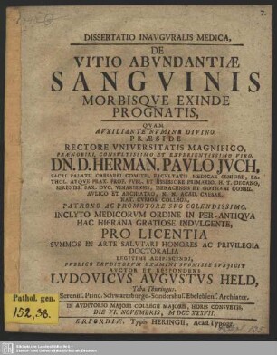 Dissertatio Inauguralis Medica, De Vitio Abundantiae Sanguinis Morbisque Exinde Prognatis