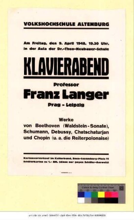 Originaltitel: Volkshochschule Altenburg Klavierabend Professor Franz Langer Prag-Leipzig