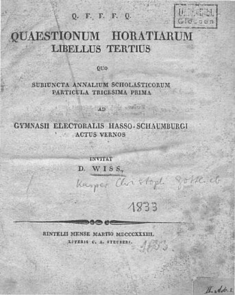 3: Quaestionum Horatiarum libellus ... Quaestiones Horatiae