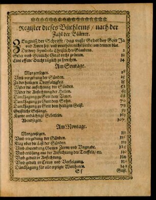 Register dieses Büchleins/ nach der Zahl der Blätter.