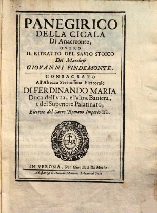 Panegirico della Cicala di Anacreonte : overo il Ritratto del Savio Stoico