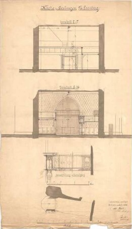 Dolmetsch, Heinrich; Gerlingen; Ev. Pfarrkirche, Restaurierung - Querschnitt, Längsschnitt; Kanzel (Grundriss, Teilansicht)