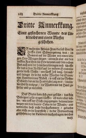 168-185, Dritte Anmerkkung. Einer gestochenen Wunde des Unterleibs mit einen Messer geschehen. Vierdte Anmerkkung. Einer gestochenen Rükken-Wunde.