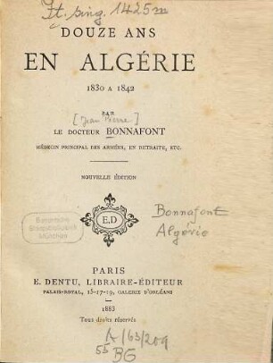 Douze ans en Algérie, 1830 à 1842