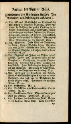 Innhalt des Vierten Theils. Fortsetzung des Siebenten Buchs: Von Rudolphen von Habsburg bis auf Karln V.