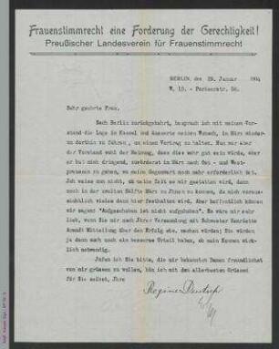 Brief von Regine Deutsch an unbekannt, ms mit Unterschrift