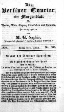 No. 885, Freitag den 15. Januar 1830