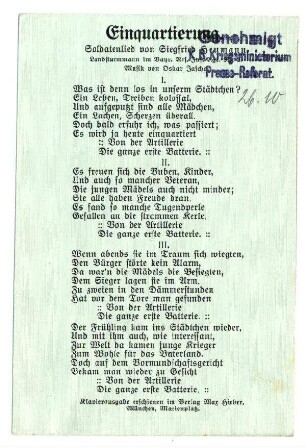 Postkarten mit Liedertexten: Einquartierung (mit Zensurvermerk 26.10.1916)