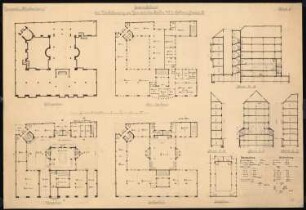Geschäftshaus des Verbandes der Baugeschäfte Berlins und den Vororten, Berlin-Tiergarten: 2. Entwurf: Grundriss Keller, EG, Saalgeschoss, Saalgalerie, Schnitt AB, Schnitt EF, Schnitt GH