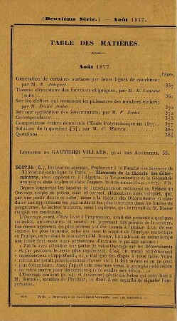 Table des matières. Août 1877.