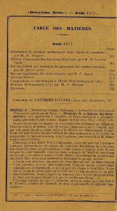 Table des matières. Août 1877.