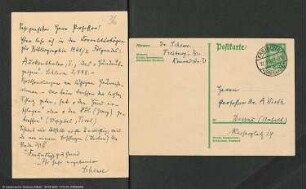 Zwei Postkarten von Alfred Wirth an Harry Schewe über volkskundliche Schriften zu den Begriffen: Grundausgeigen, Sausterbe bzw. Roggenschwein