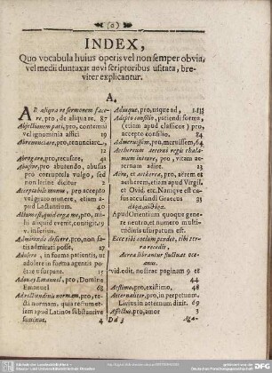 Index, Quo vocabula huius operis vel non semper obvia, vel medii duntaxat aevi scriptoribus usitata, breviter explicantur