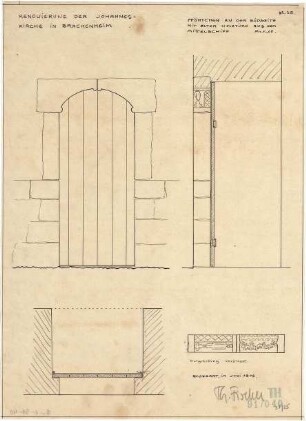 Fischer, Theodor; Brackenheim; Johanneskirche, Renovierung - Pforte an der Südseite mit Holztür aus dem Mittelschiff (Grundriss, Ansicht, Schnitt, Detail)