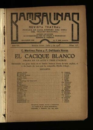 El cacique blanco : drama en un acto y tres cuadros
