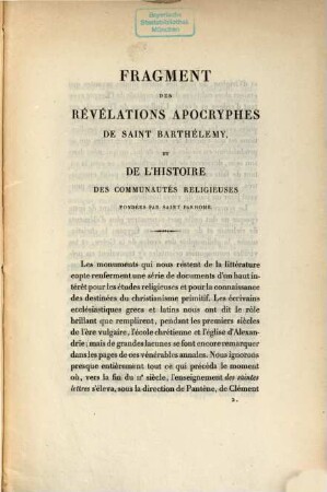 Fragment des révélations apocryphes de Saint Barthélemy, et de l'histoire des communautés religieuses fondées par Saint Pakhome