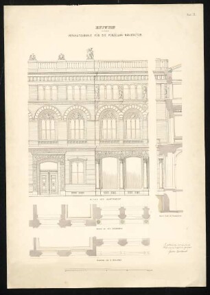 Verkaufsräume für eine Porzellanmanufaktur: Teilansicht der Hauptfassade, 2 Fassadenschnitt horizontal, Fassadenschnitt vertikal