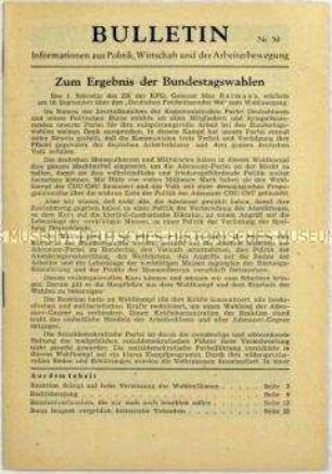 Illegales Informationsblatt der KPD "Bulletin" u.a. zu dem Ergebnis der Bundestagswahl 1957
