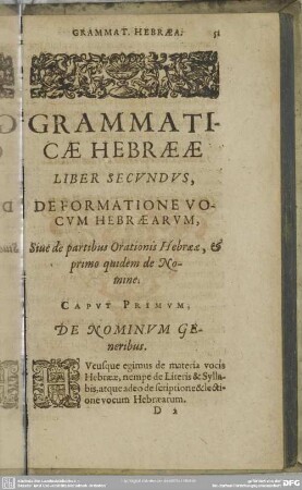 Liber Secundus, De Formatione Vocum Hebraearum, Sive de partibus Orationis Hebraeae, & primo quidem de Nomine