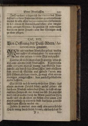 Cap. XIX. Von Oeffnung der Pulß-Adern/ Arteriotomia genannt.