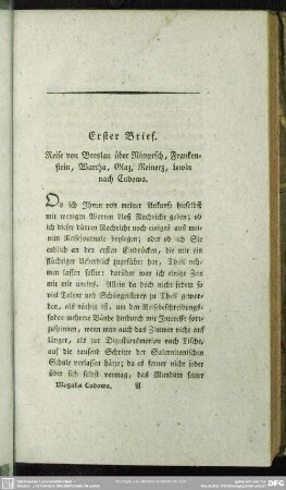 Erster Brief. Reise von Breslau über Nimptsch, Frankenstein, Wartha, Glaz, Reinerz, Lewin nach Cudowa