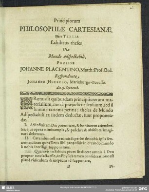 Principiorum Philosophiae Cartesianae, Pars Tertia Exhibens theses De Mundo adspectabili …