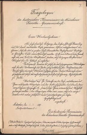 Fragebogen der historischen Kommission der Münchener Künstler-Genossenschaft