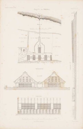 Ziegelei, Kniebau: Lageplan, Längsschnitt, Querschnitt Trockenscheune (aus: Atlas zur Zeitschrift für Bauwesen, hrsg. v. G. Erbkam, Jg. 11, 1861)